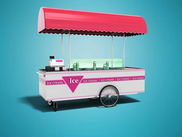 Modern pink trolley fridge with ice cream of different tastes 3d render on blue background with shadow