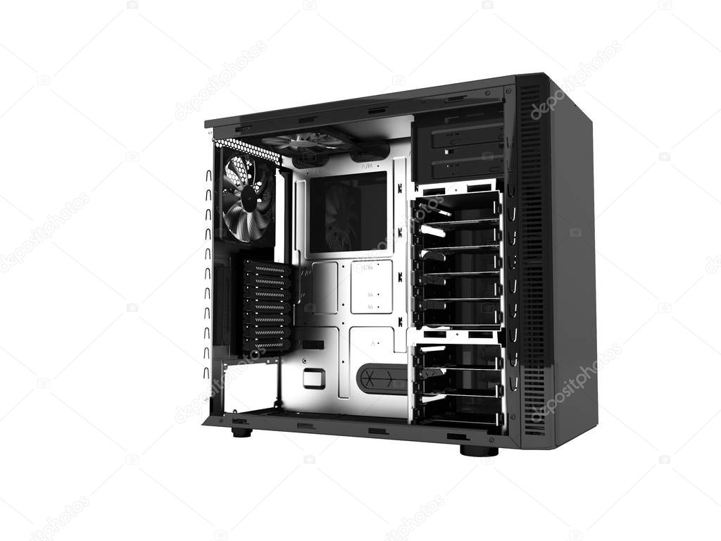 Modern black system unit open 3d render on white background no shadow