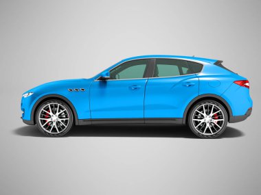 Modern koyu mavi crossover araba için iş gezileri yan görünümü 3d render gölge ile gri arka plan üzerinde