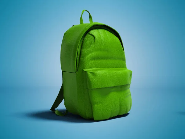 Modern green leather backpack in school for children and teens left view 3D rendering on blue background with shadow