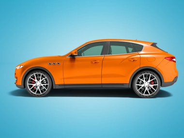 Modern turuncu araba crossover iş gezileri yan görünümü 3d render gölge ile mavi arka plan üzerinde