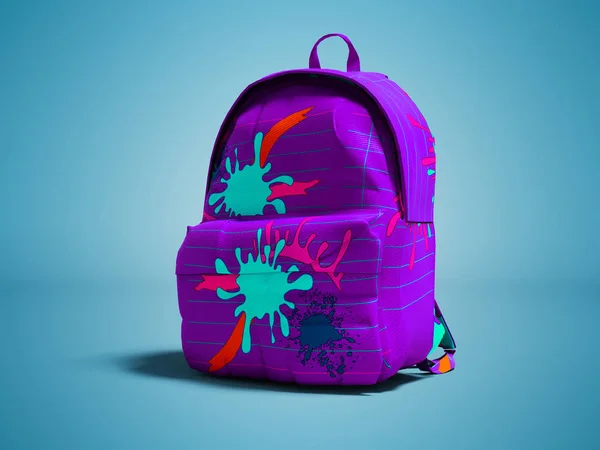 Purple school bag backpack with spots right view 3d render on blue background with shadow