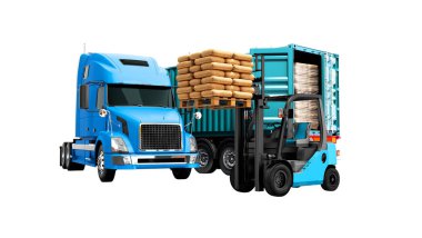 Modern kavram boşaltma kargonun kamyondan römork ile yapı malzemeleri ile mavi ve turuncu bir forklift palet ile 3d render beyaz arka plan üzerinde hiçbir gölge izole