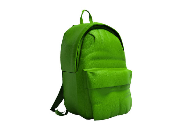 Modern green leather backpack in school for children and teens left view 3D rendering on white background no shadow