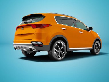 Arka görüş 3d render gölge ile mavi arka plan üzerinde modern turuncu yeni araba crossover geziler için izole