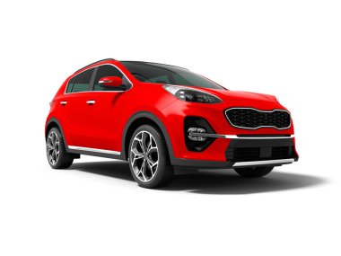 Önden görünüm 3d render gölge beyaz zemin üzerine modern kırmızı yeni araba crossover geziler için izole