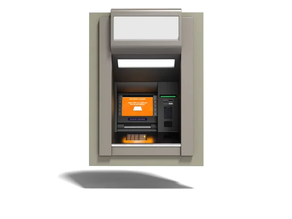 Современный Банкомат Оранжевым Экраном Рендеринг Белом Фоне Тенью — стоковое фото