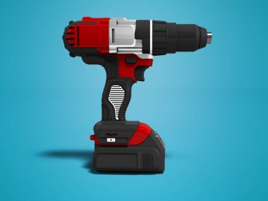 Şarj edilebilir pil yan görünümü 3d render gölge ile mavi arka plan ile modern kırmızı Akülü matkap