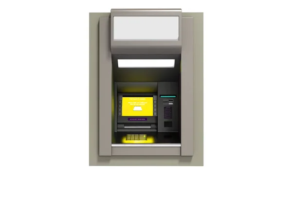 Atm 包含与黄色屏幕3D 呈现在白色背景没有阴影 — 图库照片