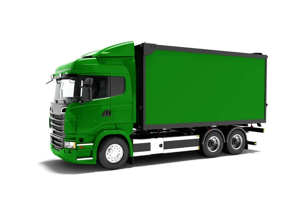 Nowoczesne Zielone Ciężarówki Transportu Towarów Wokół Miasta Render Białym Tle — Zdjęcie stockowe
