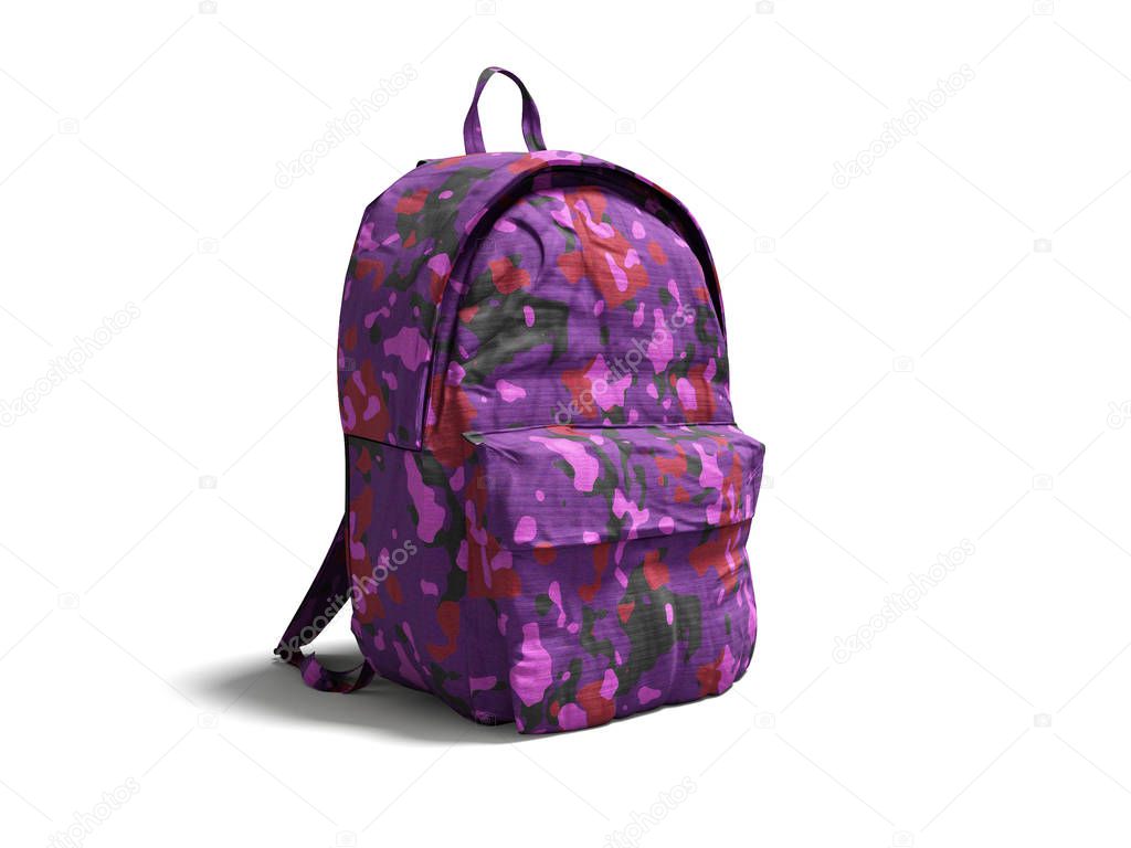 Modern military backpack in school for boy and teenager with violet pink color 3d render on white background with shadow