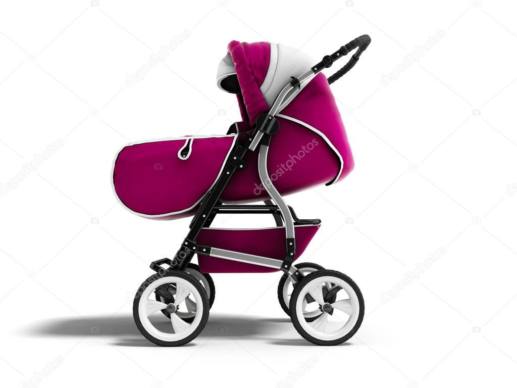 Modern pink baby stroller transformer all-season 3d render on white background with shadow
