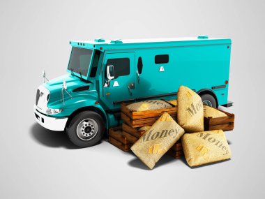 Çanta 3d render gölge ile gri arka plan üzerinde de para taşıma için Modern mavi zırhlı kamyon