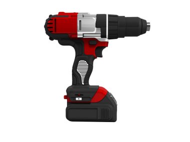 Şarj edilebilir pil yan görünümü 3d render beyaz üzerine kırmızı Akülü matkapla Modern arka plan gölge yok