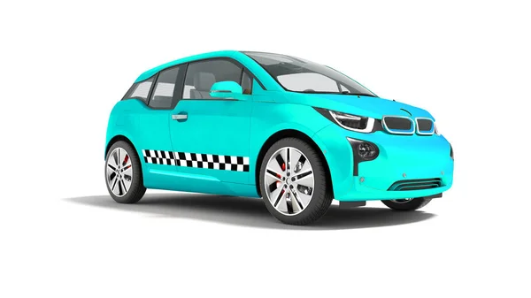 Modrá Taxi Auto Elektrický Pohon Samostatný Vykreslení Bílém Pozadí Stínem — Stock fotografie