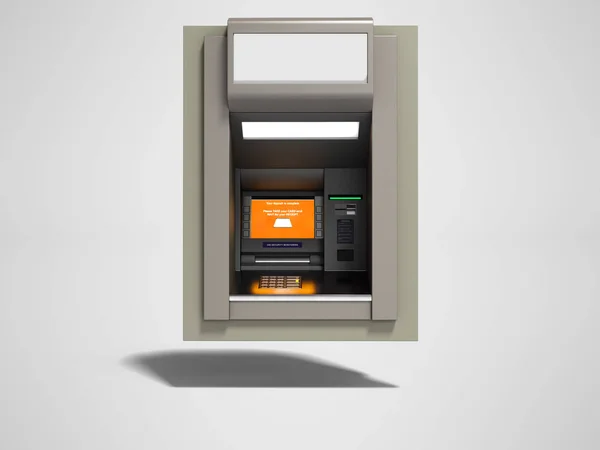Современный Банкомат Оранжевым Экраном Рендеринг Сером Фоне Тенью — стоковое фото
