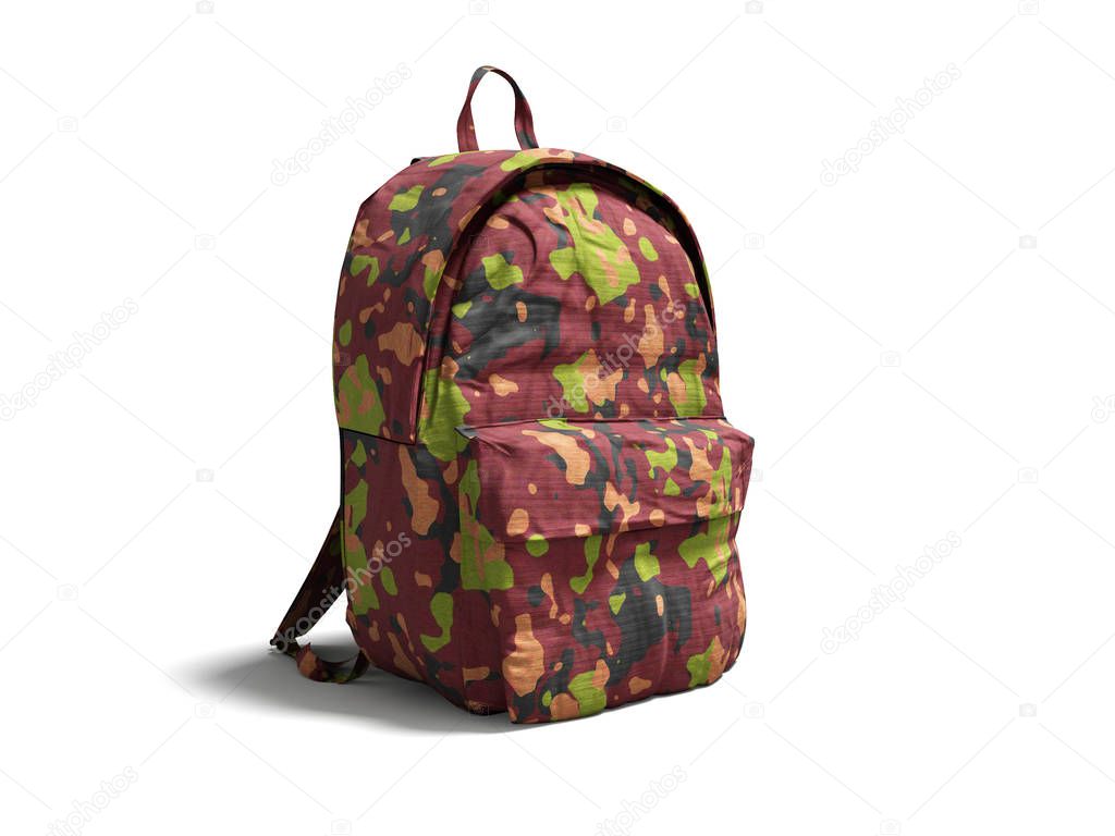 Modern military backpack in school for boy and teenager with violet green red 3d render on white background with shadow