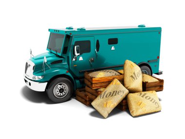 Çanta 3d render gölge beyaz zemin üzerine de para taşıma için Modern mavi zırhlı kamyon