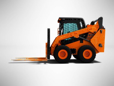 Modern orange forklift loader with scuffs on the case 3d render side view on gray background with shadow clipart