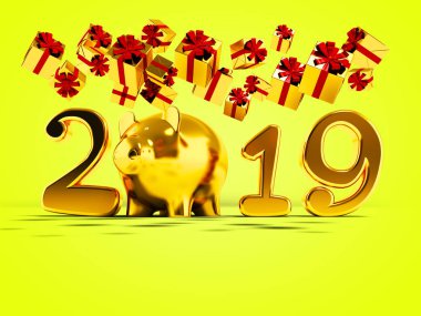 Gölge sarı zemin üzerine yeni yıl 2019 sarı domuz ve sarı hediyeler 3d yukarıdan Sonbahar sonbahar render