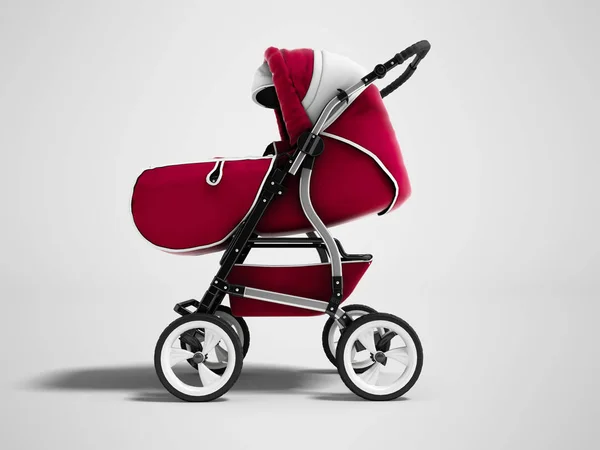 Moderna Röd Baby Barnvagn Transformator All Kryddar Render Grå Bakgrund — Stockfoto