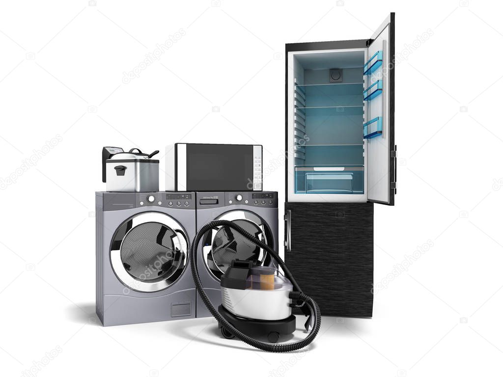 Household appliances fridge microwave washing vacuum cleaner washing machine with dryer fryer 3d render on white background with shadow