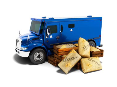 Çanta 3d render gölge beyaz zemin üzerine de para taşıma için Modern koyu mavi zırhlı kamyon