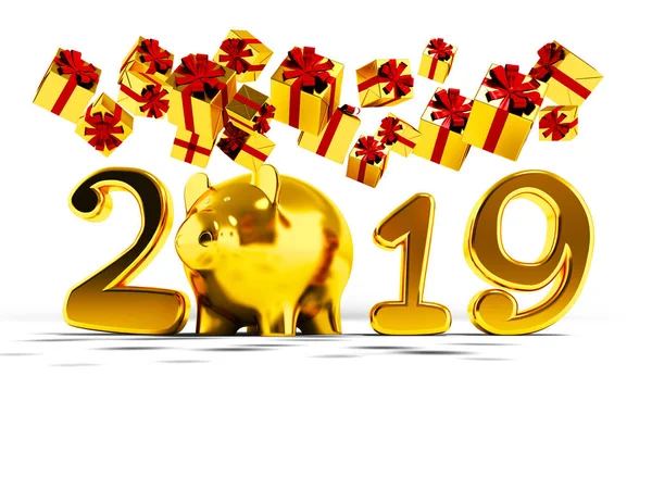 New Year 2019 yellow pig and fall yellow gifts fall from above 3d render on white background with shadow