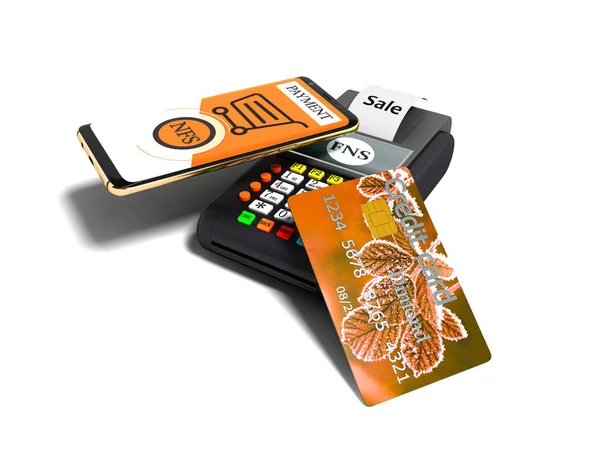 Nfs Pagamento Telefono Con Carta Credito Arancione Sulla Carta Pagamento — Foto Stock