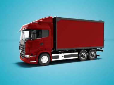 Şehir 3d render gölge ile mavi arka plan üzerinde etrafında malların taşınması için modern Kırmızı kamyon