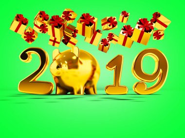 Gölge yeşil zemin üzerine yeni yıl 2019 sarı domuz ve sarı hediyeler 3d yukarıdan Sonbahar sonbahar render