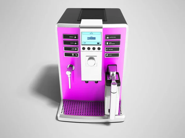 Modern pink coffee machine with milk dispenser on one cup front view 3d render on gray background with shadow