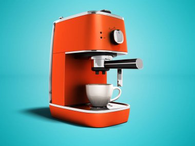 Modern turuncu kahve makinesi kahve 3d render gölge ile mavi arka plan üzerine bir fincan için