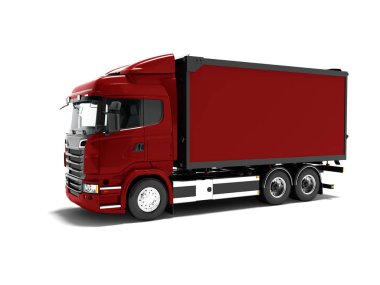 Şehir 3d render gölge beyaz zemin üzerine çevresinde malların taşınması için modern Kırmızı kamyon