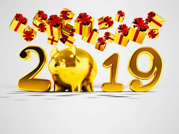 New Year 2019 yellow pig and fall yellow gifts fall from above 3d render on gray background with shadow