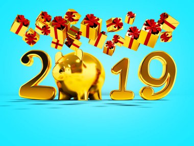Yeni yıl 2019 sarı domuz ve sarı hediyeler 3d yukarıdan Sonbahar sonbahar gölge ile mavi arka plan üzerinde render