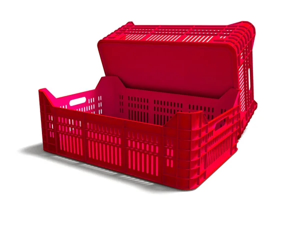 Červené Plastové Dvě Krabice Prázdná Zadní Pohled Vykreslení Bílém Pozadí — Stock fotografie