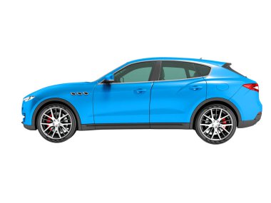 Modern koyu mavi crossover araba 3d render beyaz arka plan hiçbir gölge iş gezileri yan görünümü için