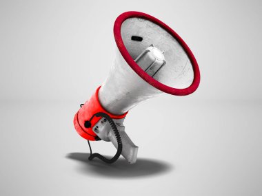 Beyaz ekler sağ tarafta 3d render gölge ile gri arka plan üzerinde kırmızı taşınabilir hoparlör