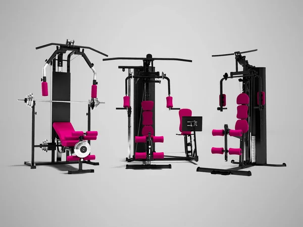 Modern set metal power sports training apparatus with pink stand-up 3d rendering on gray background with shadow