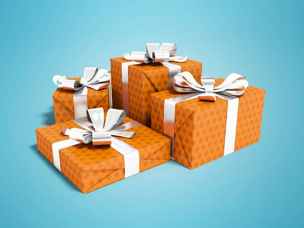 Orange Vier Geschenk Gebunden Mit Silbernem Band Render Auf Blauem — Stockfoto