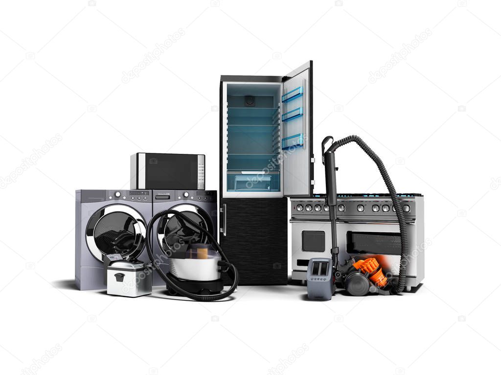 Household appliances group of vacuum cleaners refrigerator microwave washing machine washing machine gas stove 3d render on a white background with shadow