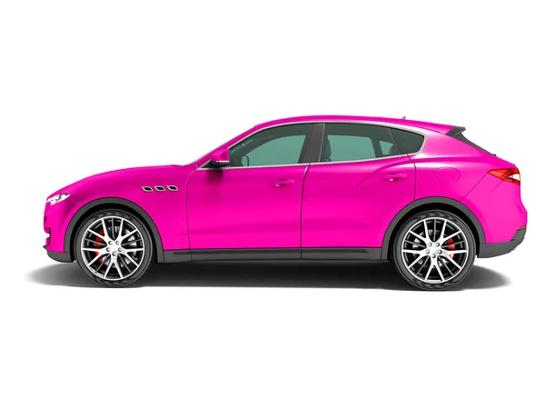 现代粉红色汽车交叉商务旅行侧视图3D 渲染在白色背景与阴影 — 图库照片