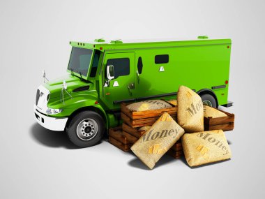 Çanta 3d render gölge ile gri arka plan üzerinde de para taşıma için Modern yeşil Zırhlı kamyon