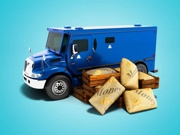 Modern dark blue armored truck for carrying money in bags 3d render on blue background with shadow