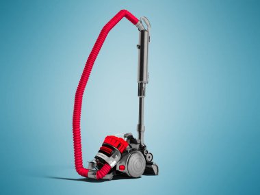 Modern kırmızı elektrikli süpürge ile Siklon filtre siyah gölgeler ile mavi arka plan üzerinde 3d render ekler