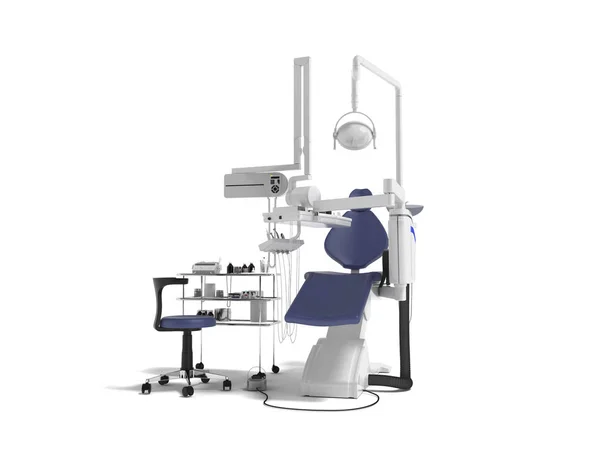 手動光と青い歯科用椅子 なドリルを識別する歯科医の近代的な概念歯の影で白い背景上で のレンダリング — ストック写真