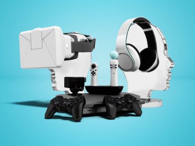 Modern oyun konsolları kulaklık sanal gerçeklik kavramı taşınabilir oyun çubukları 3d render gölge ile mavi arka plan üzerinde gözlük