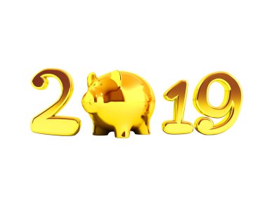 Yeni yıl 2019 domuz yıl altın yazıt önden görünüm 3D render beyaz arka plan gölge yok