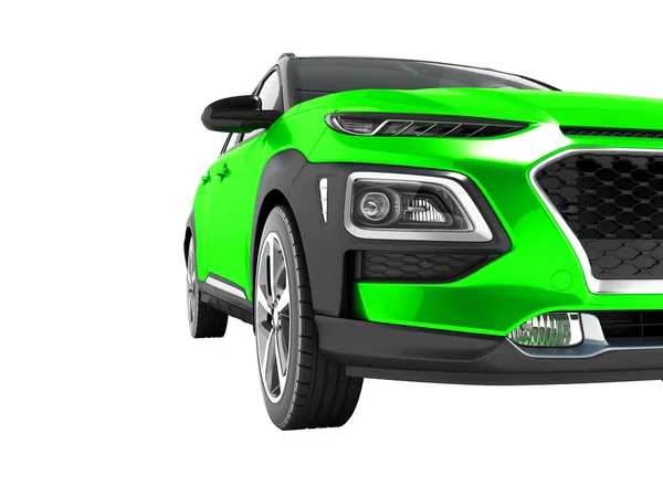 Nowoczesny Samochód Zielony Crossover Dla Podróży Czarnym Wstawki Przodu Renderowania — Zdjęcie stockowe